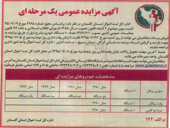 آگهی مزایده عمومی یک مرحله ای , مزایده فروش تعداد 10 دستگاه خودرو