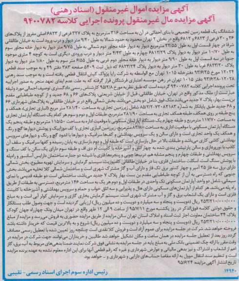 مزایده,مزایده ششدانگ یک قطعه زمین تجمیعی