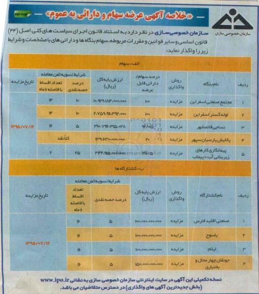 خلاصه آگهی مزایده , مزایده عرضه سهام و دارایی نوبت دوم 