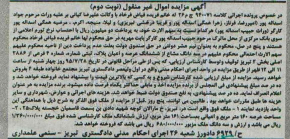 مزایده,مزایده سه دانگ مشاع از ششدانگ عرصه و اعیان پلاک ثبتی نوبت دوم