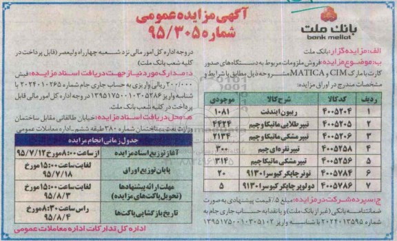 مزایده , مزایده فروش ملزومات مربوط به دستگاه های صدور کارت 