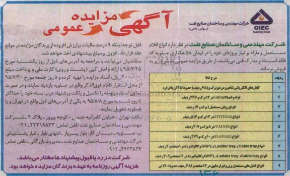 آگهی مزایده عمومی , مزایده کابل های الکتریکی شاهین در