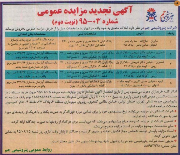 مزایده,مزایده فروش املاک به تعداد 5 قطعه بخش یازده تهران نوبت دوم