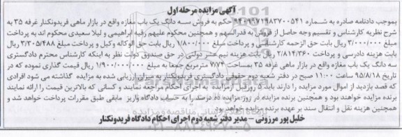 مزایده,مزایده سه دانگ یکباب مغازه مساحت 7.74متر مرحله اول