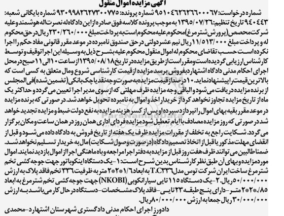 مزایده اموال منقول,مزایده یک دستگاه اینکوباتور جهت جوجه کشی تخم شتر مرغ 95.7.29