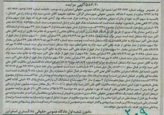مزایده,مزایده چهار هزار سهم مشاع پلاک 72 کاهی بخش 5 بجنورد