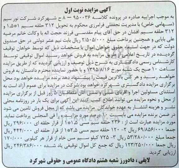 مزایده, مزایده 236 حلقه سیم مسی .....