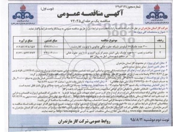 آگهی مناقصه عمومی یک مرحله ای , مناقصه 300 علمک 6 کیلومتر شبکه حفر خالی چالوس ...