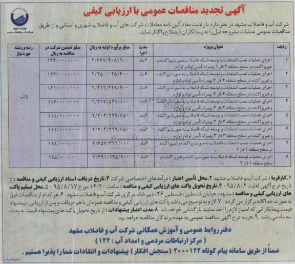 آگهی تجدید مناقصات عمومی با ارزیابی کیفی , مناقصه اجرای عملیات نصب انشعابات و توسعه شبکه فاضلاب به صورت پراکنده و ...