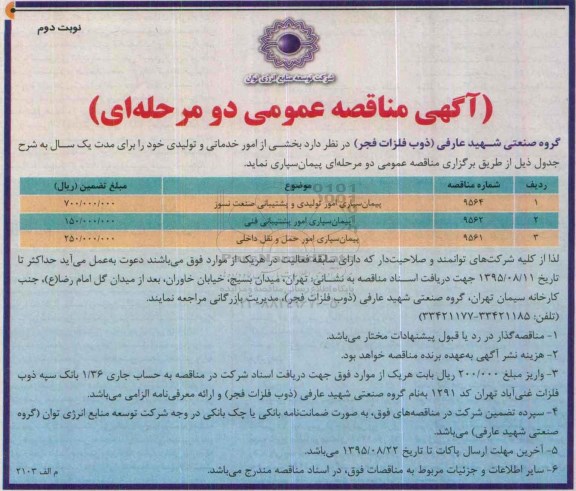 آگهی مناقصه عمومی, مناقصه پیمانسپاری امور تولیدی و پشتیبانی صنعت نسوز- نوبت دوم
