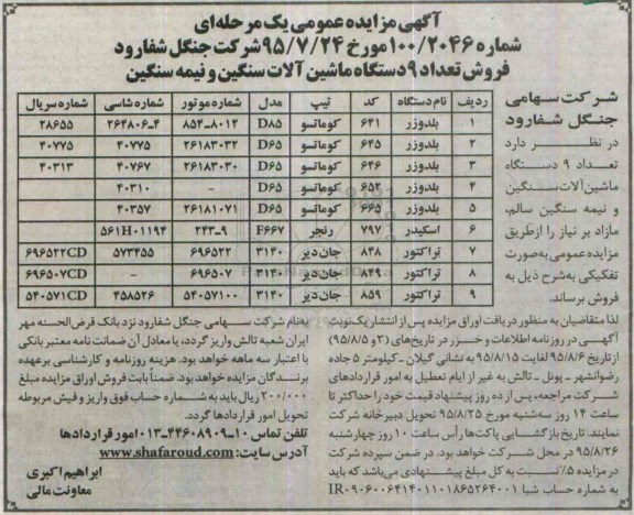 آگهی مزایده , مزایده فروش تعداد 9 دستگاه ماشین آلات سنگین و نیمه سنگین