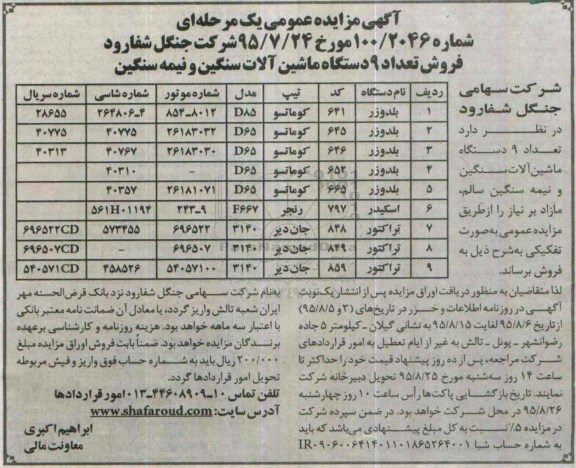 آگهی مزایده  , مزایده فروش تعداد 9 دستگاه ماشین آلات سنگین و نیمه سنگین 