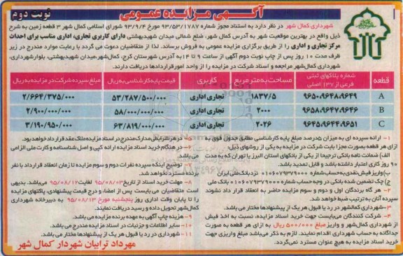 مزایده,مزایده فروش سه قطعه زمین کاربری تجاری اداری نوبت دوم