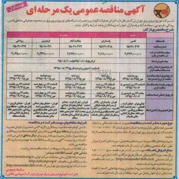 مناقصه عمومی یک مرحله ای ، مناقصه اجرای عملیات نگهداری و تعمیرات شبکه های توزیع نیروی برق