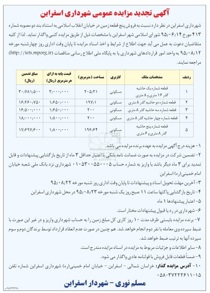 مزایده,مزایده فروش 5 قطعه زمین تجدید عمومی 