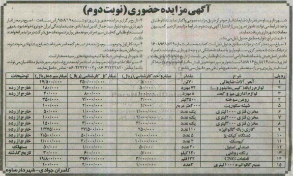 آگهی مزایده حضوری نوبت اول , مزایده فروش ضایعات انبار شامل آهن آلات و ...- نوبت دوم
