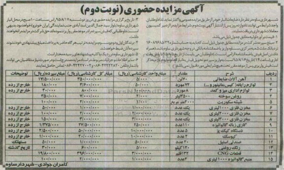 آگهی مزایده حضوری نوبت اول , مزایده فروش ضایعات انبار شامل آهن آلات و ...- نوبت دوم 