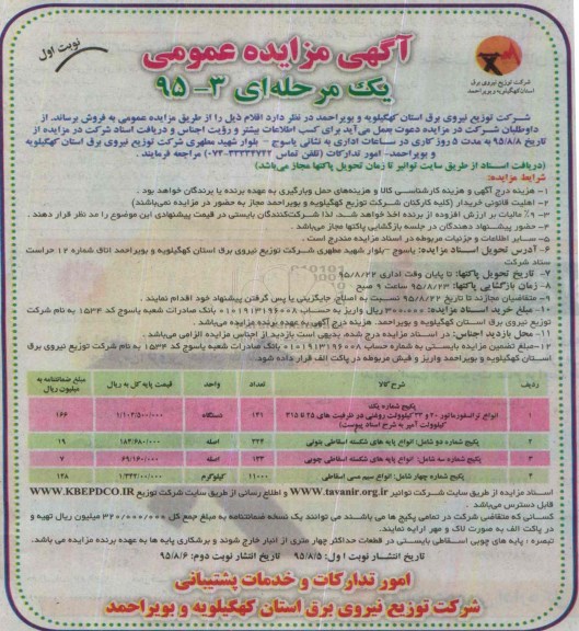مزایده , مزایده عمومی انواع ترانسفورماتور 20 و 33 کیلو ولت نوبت اول