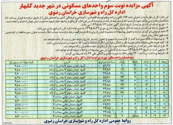 مزایده,مزایده واحدهای مسکونی در شهر جدید گلبهار نوبت سوم