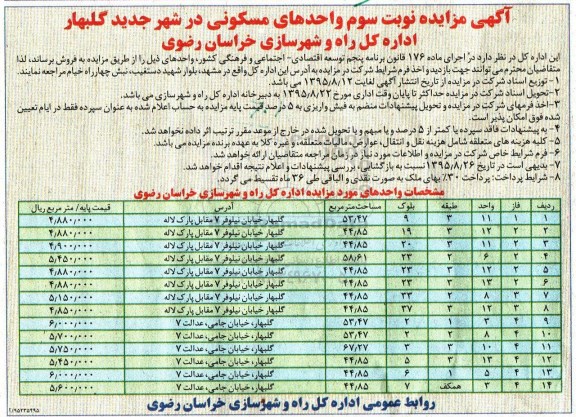 مزایده,مزایده واحدهای مسکونی در شهر جدید گلبهار نوبت سوم 