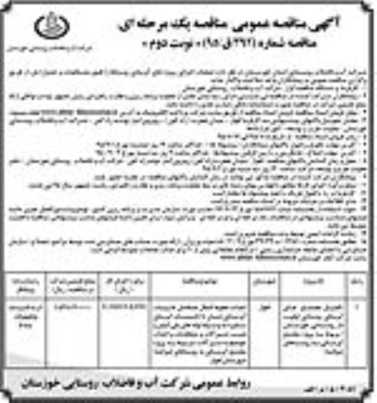 آگهی مناقصه عمومی, مناقصه عملیات اجرایی پروژه های آبرسانی روستاها- 95.08.04 نوبت دوم