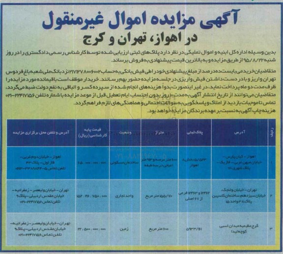 مزایده,مزایده فروش پلاکهای ثبتی در اهواز.تهران و کرج