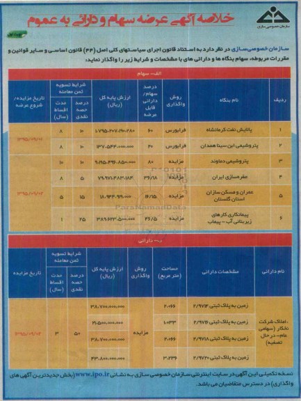 خلاصه آگهی مزایده , مزایده عرضه سهام و دارایی 95.08.08