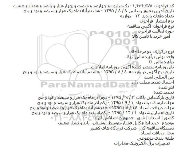 فراخوان مناقصه خرید انواع کابل فشار متوسط ، روشنایی باند و فشار ضعیف