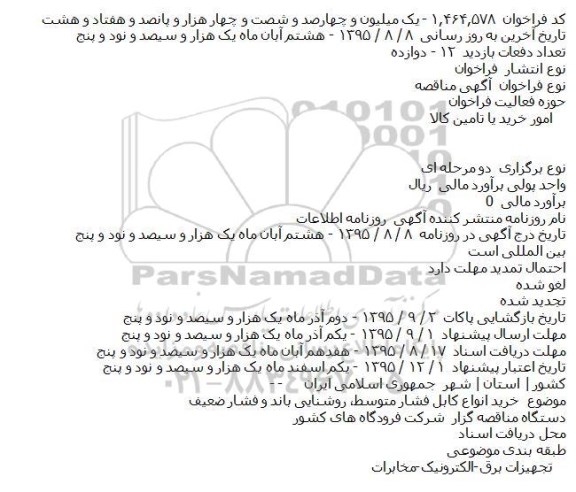 فراخوان مناقصه خرید انواع کابل فشار متوسط ، روشنایی باند و فشار ضعیف 