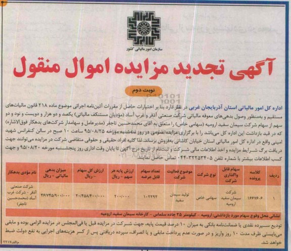 تجدید آگهی مزایده اموال منقول ،آگهی مزایده اموال منقول واگذاری شرکت سیمان سفید ارومیه تجدید نوبت دوم