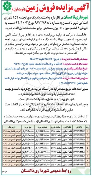 مزایده,مزایده فروش نه قطعه زمین کاربری مسکونی