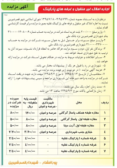 آگهی مزایده , مزایده اجاره املاک غیر منقول و غرفه های پارکینگ