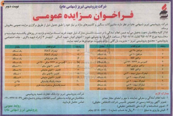 فراخوان مزایده عمومی, مزایده فروش ماشین آلات سنگین و کانتینرهای مازاد نوبت دوم