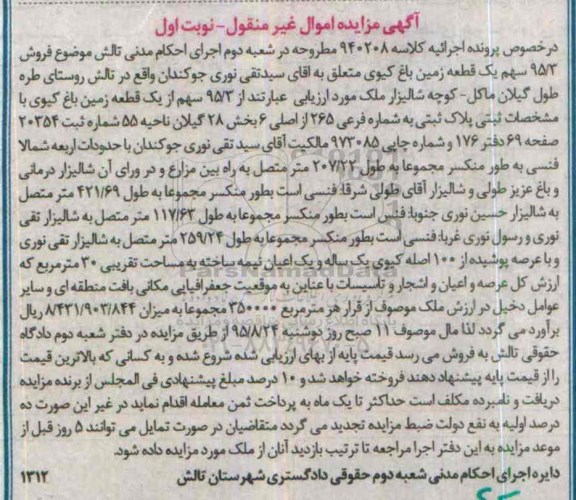 مزایده,مزایده 95.3 سهم یک قطعه زمین باغ کیوی نوبت اول