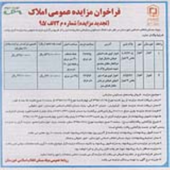 مزایده,مزایده دو قطعه پلاک ثبتی بخش هفت اهواز نوبت دوم