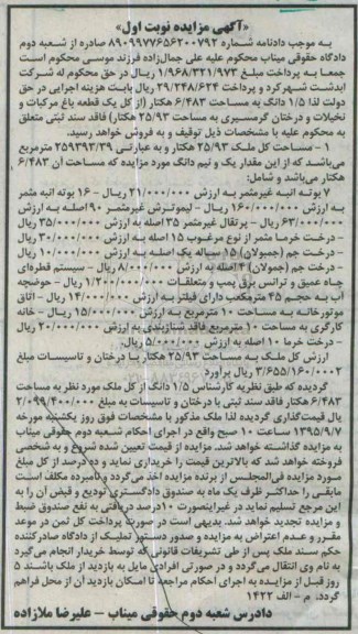 مزایده,مزایده 1.5 دانگ به مساحت 6.483 هکتار از باغ مرکبات