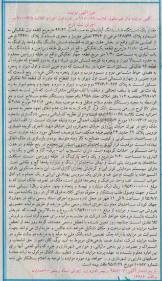 مزایده,مزایده ششدانگ اپارتمان مساحت 94/42متر قطعه اول