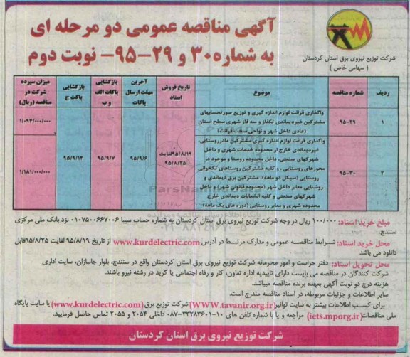 آگهی مناقصه عمومی دو مرحله ای,مناقصه واگذاری قرائت لوازم اندازه گیری و توزیع صورتحساب های مشترکین .... نوبت دوم 