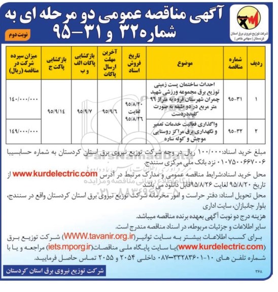آگهی مناقصه عمومی دو مرحله ای, مناقصه احداث ساختمان پست زمینی توزیع برق مجموعه ورزشی شهید چمران ..... نوبت دوم