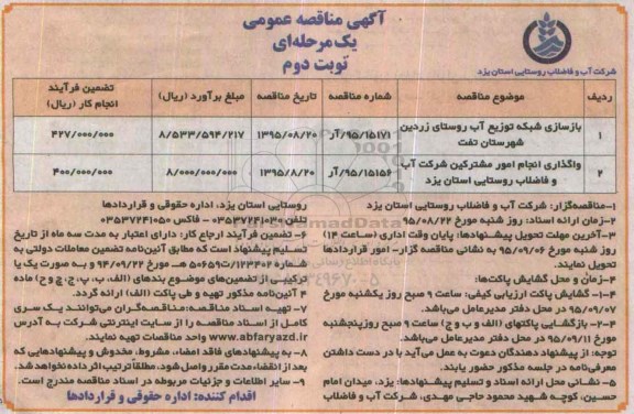 آگهی مناقصه عمومی , مناقصه بازسازی شبکه توزیع آب روستا - نوبت دوم