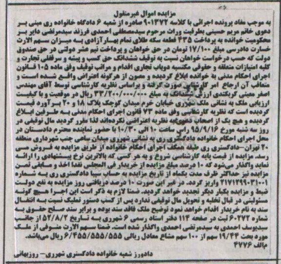 مزایده,مزایده ششدانگ حق کسب و پیشه و سرقفلی تجارت و امتیازات دو باب تجاری