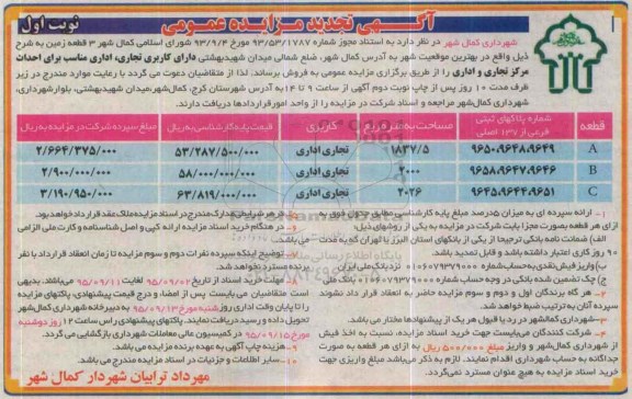 مزایده,مزایده فروش سه قطعه زمین کاربری تجاری اداری 