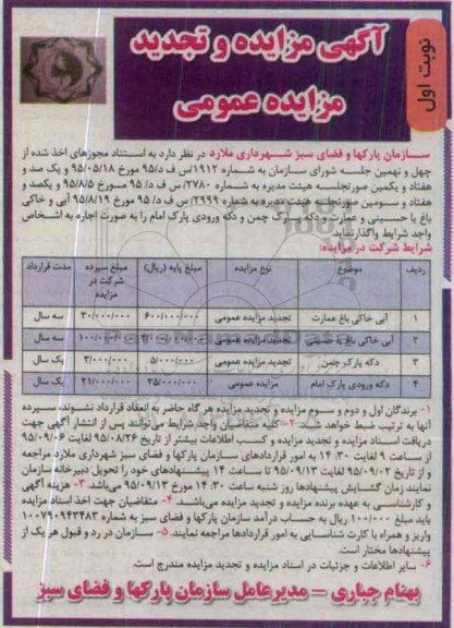 آگهی مزایده عمومی، مزایده و تجدید مزایده آبی خاکی باغ عمارت .....