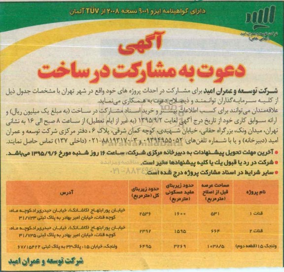 آگهی دعوت به مشارکت در ساخت , مشارکت در ساخت احداث پروژه