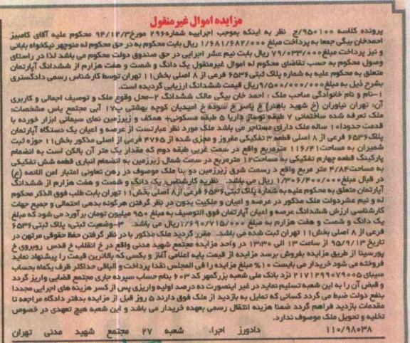 مزایده,مزایده ملک تعرفه شده ساختمانی 7 طبقه کلاسه 950100/ج