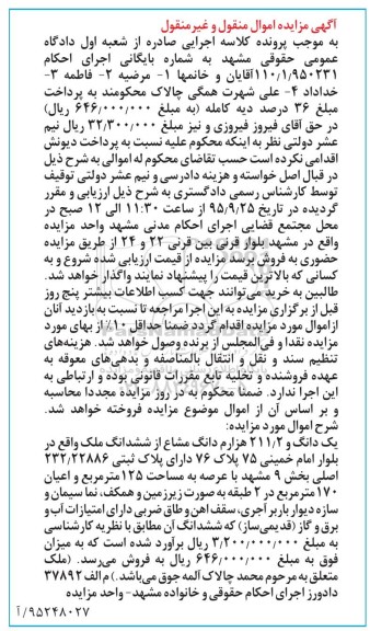 مزایده,مزایده ششدانگ ملک واقع در بلوار امام خمینی