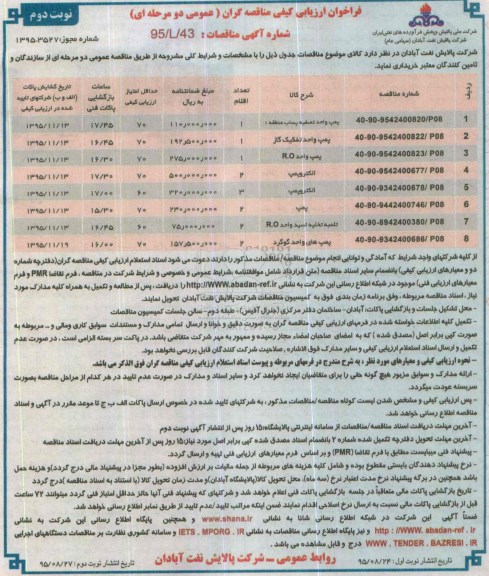 فراخوان ارزیابی کیفی مناقصه گران , فراخوان ارزیابی کیفی  پمپ واحد تصفیه پساب ... -نوبت دوم 