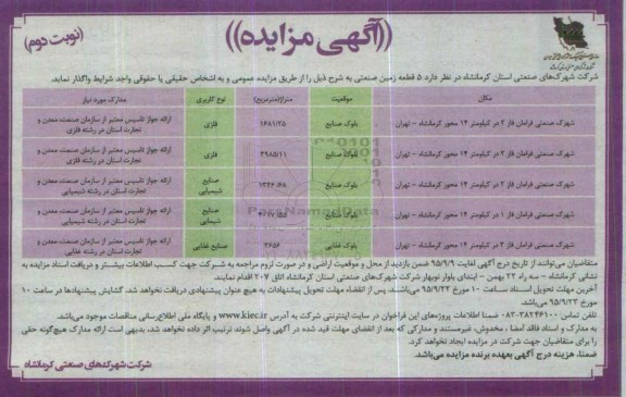آگهی مزایده , مزایده 5 قطعه زمین صنعتی - نوبت دوم