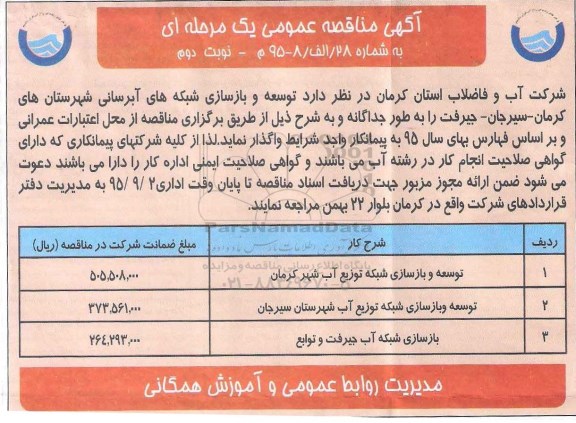 آگهی مناقصه عمومی یک مرحله ای , مناقصه توسعه و بازسازی شبکه توزیع آب شهر کرمان .... نوبت دوم