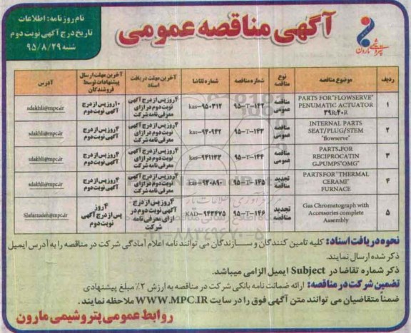 آگهی مناقصه عمومی , مناقصه PARTS FOR FLOWSERVE PENUMATIC ACTUATOR 39R:40R.... نوبت دوم